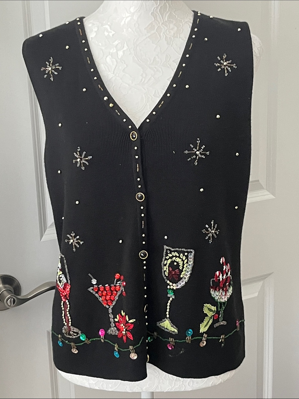 C b collection Holiday V-Neck Sweater Vest with Sequins & Beaded Cocktails Party